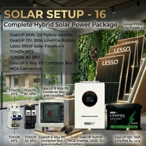Complete GearUP 2KW Hybrid Solar Power Package | GearUP 2KW Hybrid Inverter & 4 Lesso 595W Panel